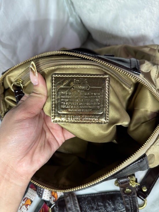 Coach Khaki and Brown Signature Satchel with Scarf Accent - Picture 6 of 6